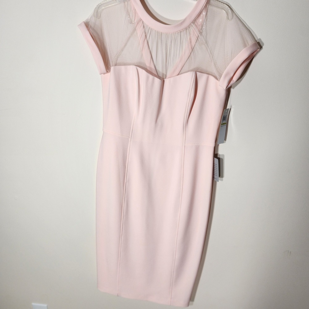 Maggy London Blush Pink Mesh Illusion Neckline Sheath Dress G5753M-NO Size 14